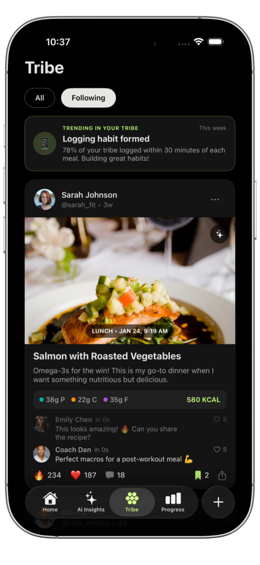 CalTribe social community feed where users share meals and support each other